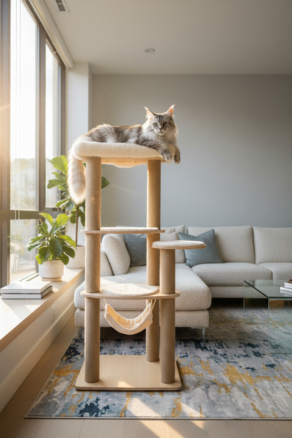 Large Maine Coon cat lounging on cat tree tower in modern living room