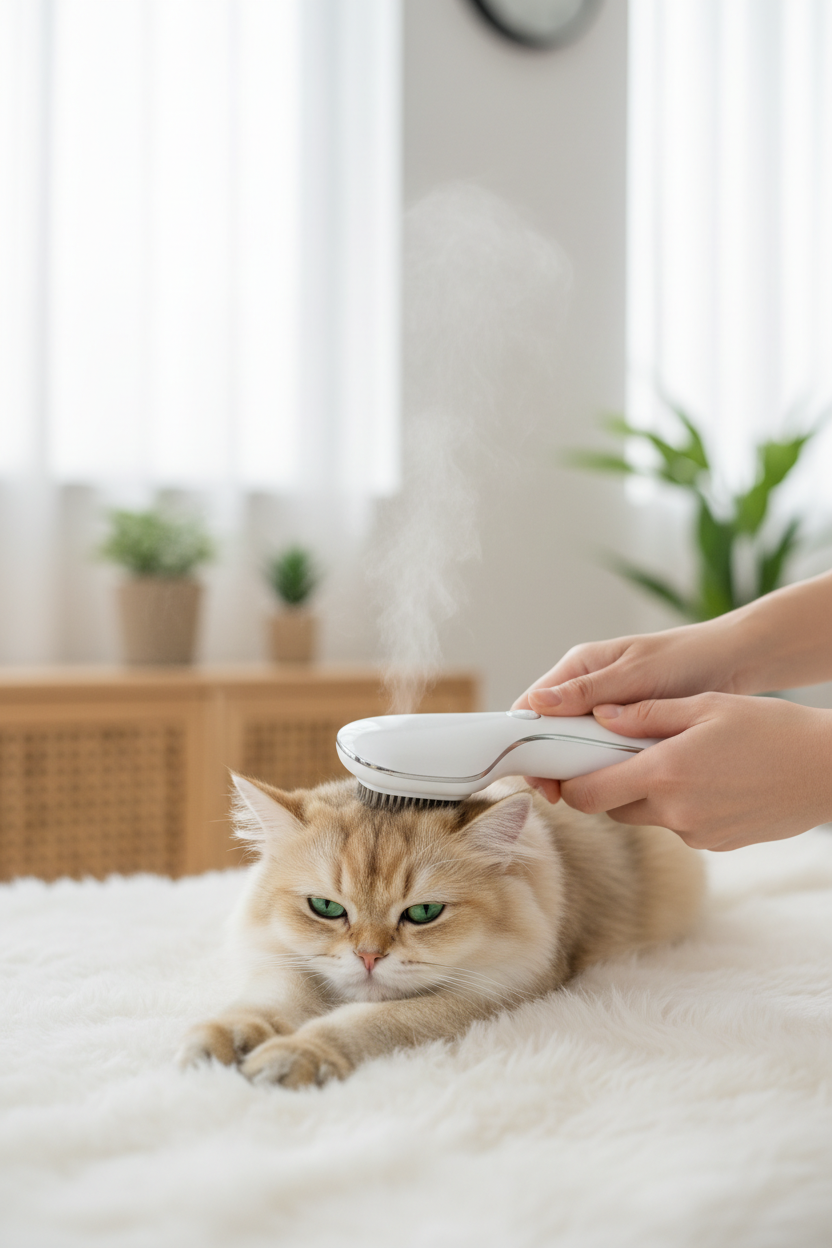 Woman gently grooming a relaxed golden Persian cat with steam brush on white blanket