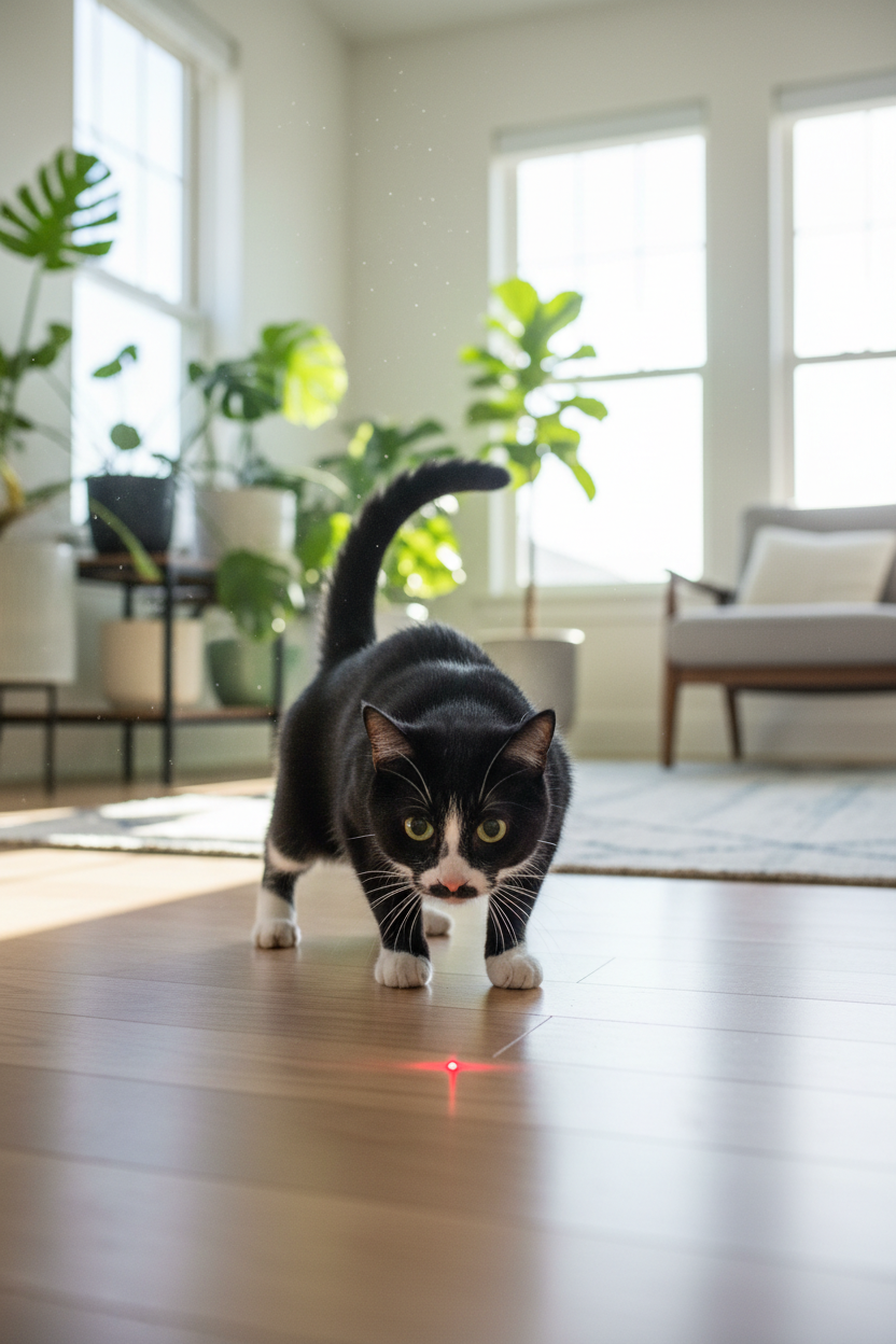 Black and white cat focused on red laser dot on wooden floor