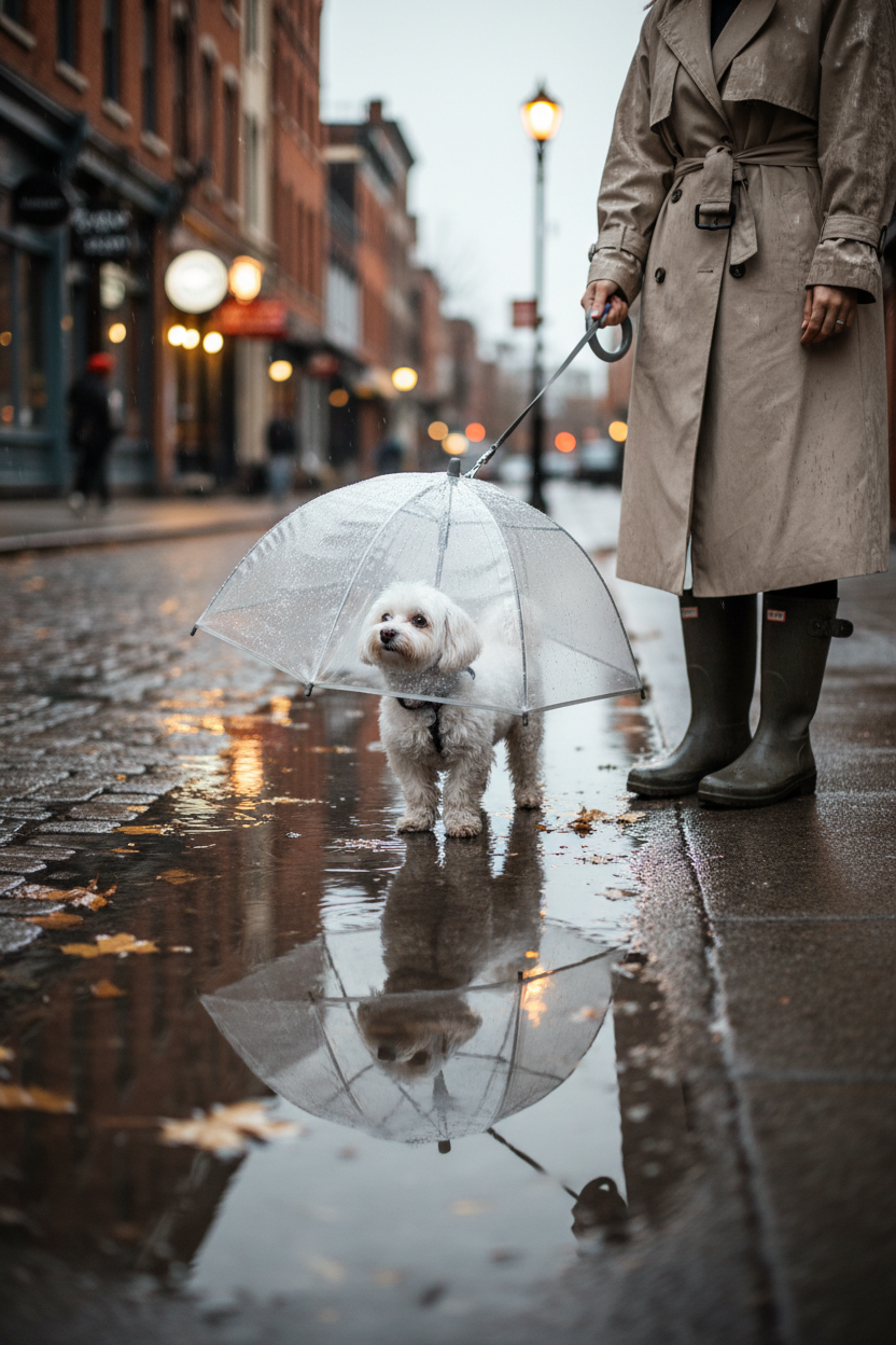 Small white dog on rainy walk sheltered by transparent pet umbrella