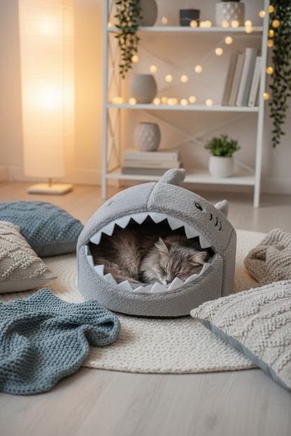 Fluffy grey cat nestled inside plush shark pet bed in cozy living room
